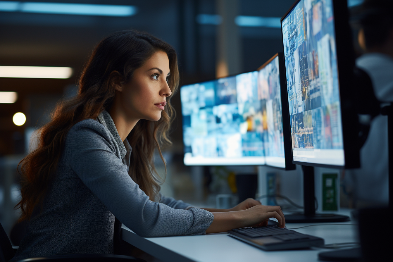 Woman monitoring a cyber security system